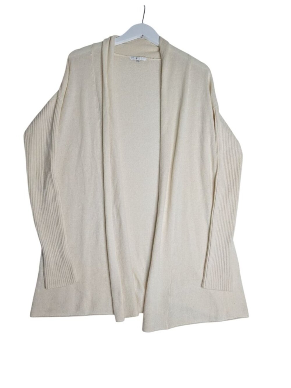 Vince Cashmere Open-Front Cardigan Ribbed Sleeves Split Panel Cream Sz M - Picture 2 of 11